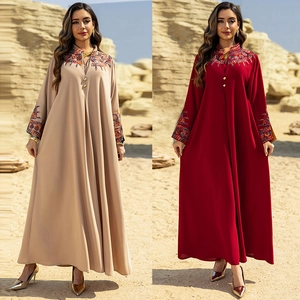 Women Embroidered Abaya Kaftan Maxi Dress Ethnic Floral Embroidery Stand Collar Long Sleeve Middle Eastern Modest Robe