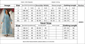 Detailed size chart for light blue embroidered two-piece abaya dress with floral patterns
