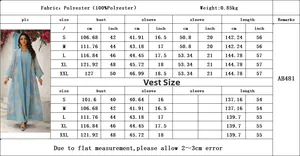 Size chart for embroidered dress set AB481 with detailed S-XXL measurements in cm