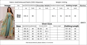 Size chart for gold-stamped lace two-piece party dress featuring kaftan and inner vest