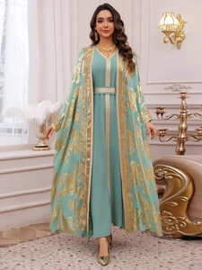 Detailed embroidery and gold sequins on Mint Green Kaftan party dress with floral patterns