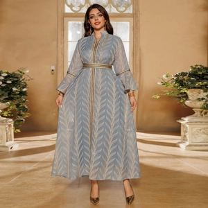 Elegant light blue kaftan dress with golden embroidery and flared sleeves for formal events