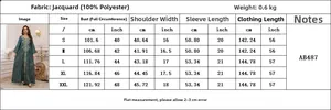 Detailed size guide table for evening jacquard embroidery kaftan dress in emerald green