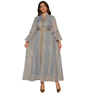 Elegant grey-blue Kaftan maxi dress with gold feather prints and flared sleeves