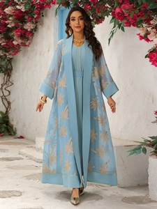 Close-up of gold palm leaf embroidery on light blue embroidered abaya two-piece set