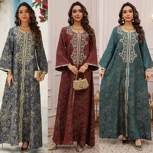 Women Elegant Jacquard Embroidery Kaftan Maxi Dress Long Sleeve Ethnic Muslim Abaya Evening Party Gown For Lady
