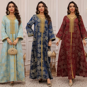 Women Ethnic Kaftan Maxi Dress Jacquard Maple Leaf Pattern V-Neck Gold Embroidery Rhinestone Long Sleeve Party Gown Dress