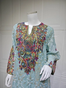 Close-up of intricate colorful floral embroidery and sequins on light blue V-neck dress