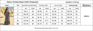 Detailed size chart for the printed maxi dress featuring measurements in cm and inches