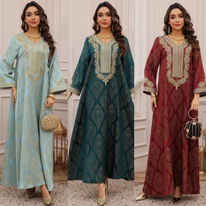 Robe Maxi Kaftan Ethnique pour Femmes Broderie Or de Luxe Col en V Manches Longues Jacquard Fête Banquet Robe de Soirée