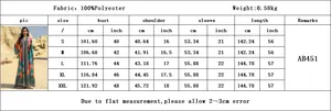 Size chart for AB451 printed maxi dress with measurements in inches and centimeters