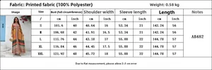 Detailed size chart for ethnic print maxi dress with measurements from S to XXL