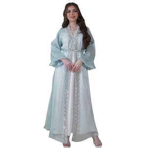 Elegant 3-piece Abaya set featuring puffed sleeves and sequin leaf embroidery details