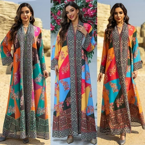 Women Ethnic Print Kaftan Maxi Dress Bohemian V-neck Long Sleeve Rhinestone Abaya Party Vacation Kaftan Dress