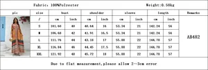 Size chart for ethnic print chiffon maxi dress showing bust and length in cm and inches