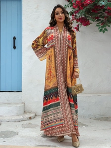 Detailed ethnic paisley print and sequin embellishments on bohemian chiffon maxi dress