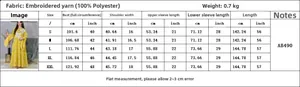 Detailed size chart for yellow embroidered dress showing measurements in cm and inches