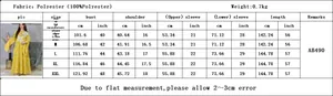 Size chart for embroidered sequin dress with detailed polyester fabric measurements