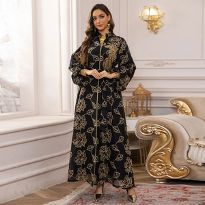 Luxurious black and gold embroidered Jalabiya Abaya dress with phoenix detailing