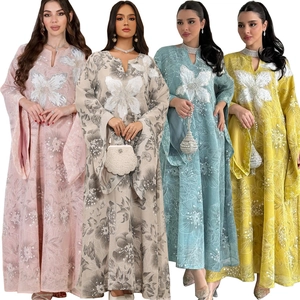 Women Elegant Ethnic Kaftan Abaya Maxi Dress Sequin Floral Applique Long Sleeve V Neck Loose Party Banquet Gown