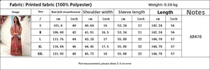 Tableau des tailles pour robe longue en mousseline imprimée avec mesures détaillées S-XXL