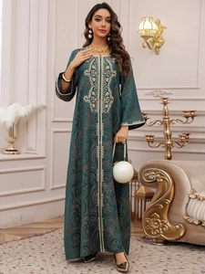 Detailed golden embroidery on dark green jacquard kaftan evening dress for women