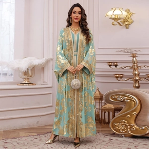 Elegant mint green two-piece kaftan dress with luxury gold floral embroidery