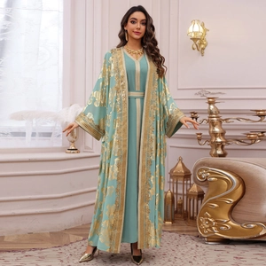 Elegant mint green abaya set with gold lace embroidery and belted long dress for party