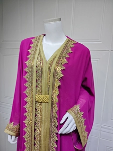 Detailed embroidery with gold sequins on purple chiffon Kaftan dress with woven belt