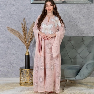 Pink ethnic maxi dress with floral sequin applique and flared sleeves for elegant parties
