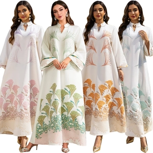 Women Ethnic Jacquard Abaya Kaftan Long Sleeve Maxi Dress With Floral Embroidery And Rhinestone For Party Religious Fashion