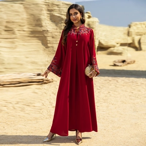 Elegant deep red long dress with floral embroidery and gold buttons for women
