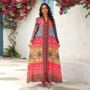 Robe Longue de Vacances Bohème Ethnique pour Femmes Imprimé Floral Col en V Strass Kaftan Ample Robe de Soirée