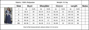 Size chart for embroidered ethnic maxi dress showing fabric specs and measurements