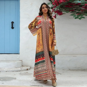 Ethnic Print Bohemian Maxi Dress For Women V Neck Long Sleeve Kaftan With Rhinestones Summer Vacation Long Dress