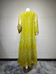 Vue détaillée du dos d'une robe de soirée verte avec broderie géométrique et style caftan