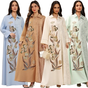Women Floral Sequin Embroidery Maxi Dress Abaya Patchwork Lapel Long Sleeve Polyester Jacquard Kaftan For Wedding Party Evening