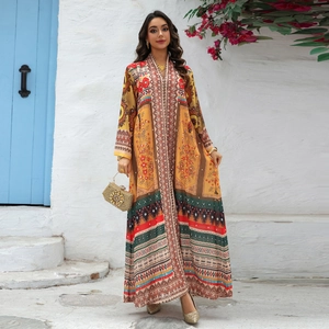 Ethnic print chiffon maxi dress with rhinestones and long sleeves for summer vacation