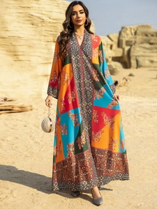 Close-up of ethnic print maxi dress with V-neck and colorful patchwork pattern