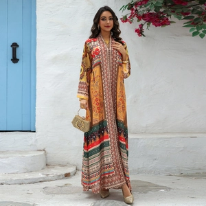 Ethnic print summer chiffon maxi dress with rhinestones and vintage geometric patterns