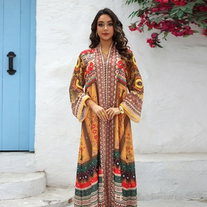 Bohemian ethnic print maxi dress with long sleeves and shimmering rhinestones