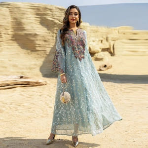 Elegant light blue long sleeve embroidered maxi dress with geometric patterns and mesh detail