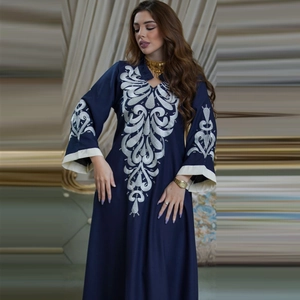 Detailed white embroidery on navy blue ethnic long dress with wide cuffs