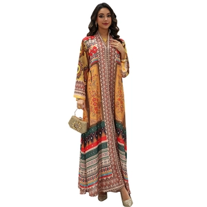 Bohemian floral print chiffon maxi dress with V-neck and rhinestones for summer vacation