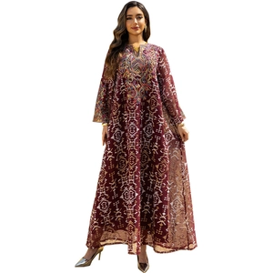 Elegant burgundy mesh embroidered long dress with white geometric tribal patterns