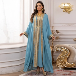 Sky blue chiffon kaftan with gold sequin embroidery and decorative waist belt