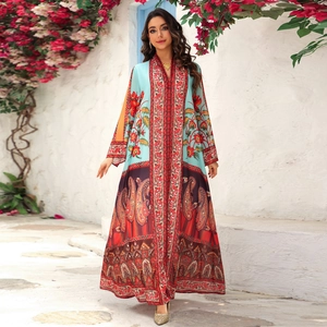 Robe Maxi Femme Imprimé Paisley Ethnique Caftan Abaya Ample Manches Longues Col en V Strass Boho Robe de Vacances