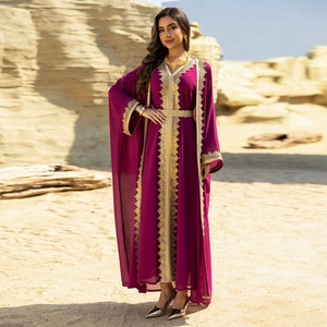 Elegant deep purple Moroccan kaftan with gold embroidery and waist belt for formal events