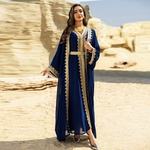 Navy blue chiffon abaya dress with golden embroidery and matching waist belt
