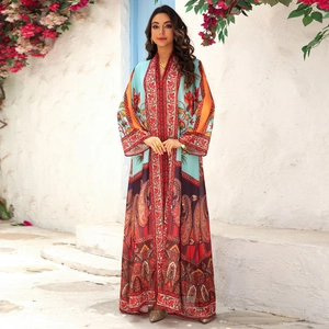 Robe kaftan à imprimé paisley ethnique bleu sarcelle et rouge à manches longues été